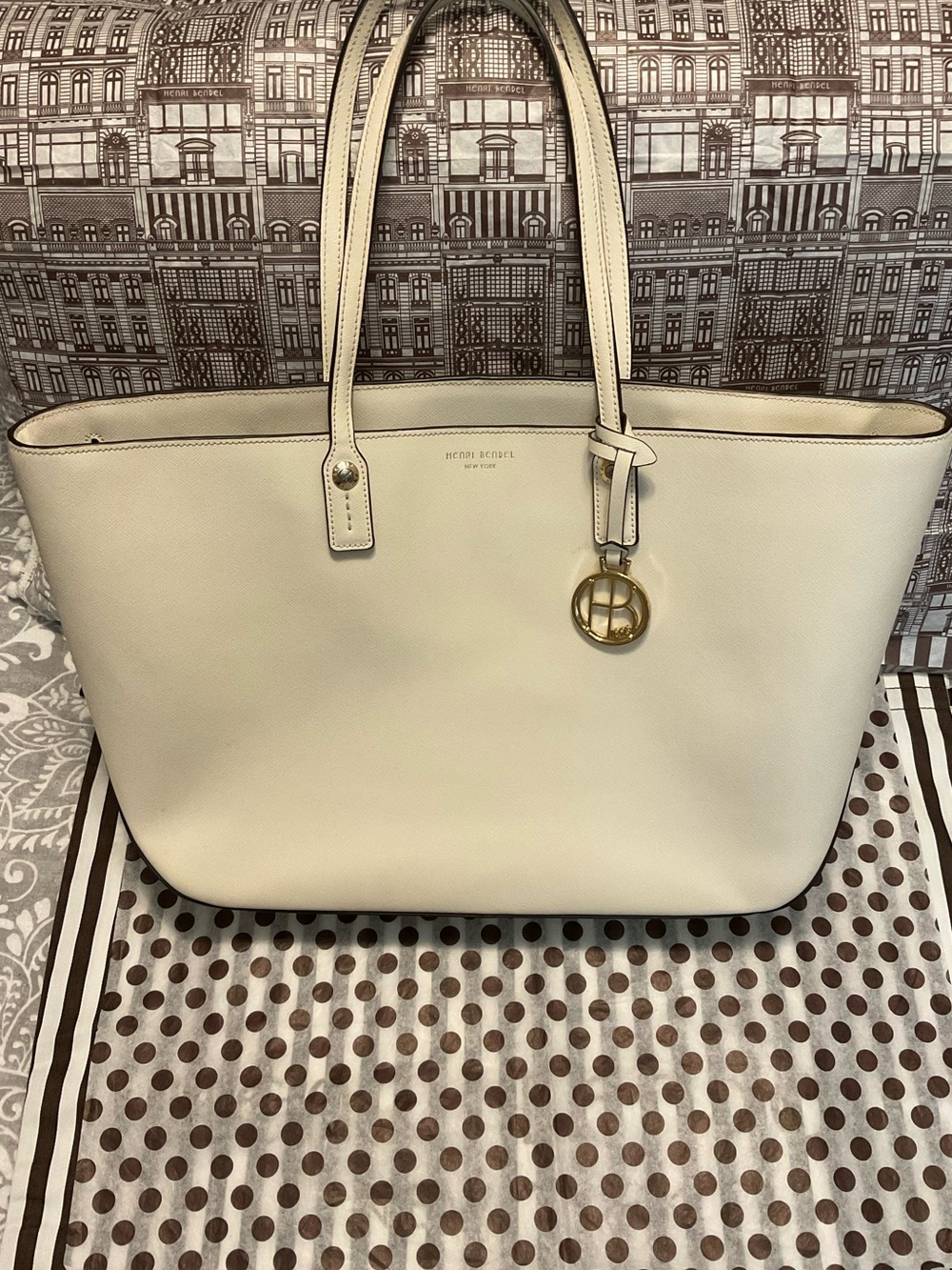 Cream Henri Bendel Zippered Tote with Gold-tone Hardware